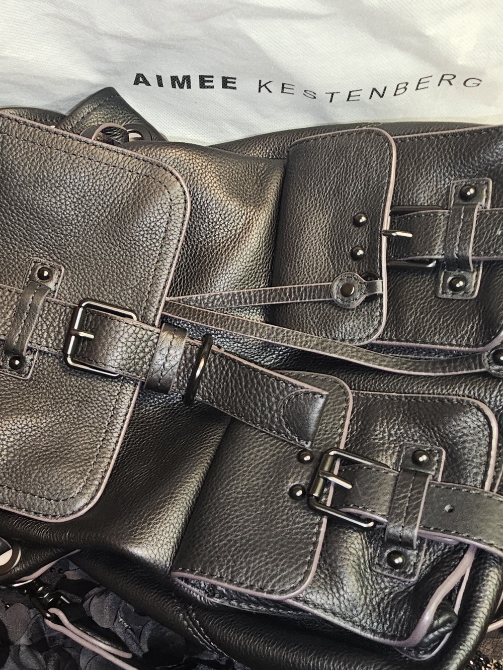 Aimee Kestenberg Black Pebbled Leather Buckle Backpack